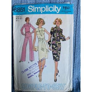 Simplicity 6851 pattern dress puff sleeve blouse wide leg pant 1970s size 14